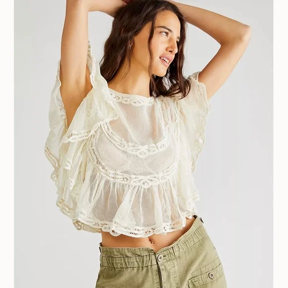 FREE PEOPLE I’m Pretty, OK Lace Mesh Tiered Ivory Top SZ L NEW!!! - Picture 1 of 5
